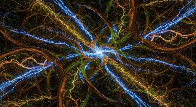 Vibrant abstract neural network bursting with electric energy and cosmic light
