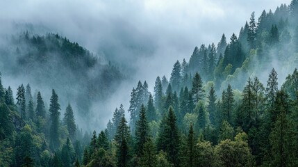 Obraz premium The scene features a lush forest with tall green trees shrouded in mist. Early morning light casts a serene atmosphere. The mist swirls around the treetops creating a mystical view.