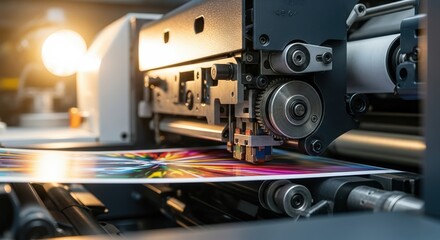 Fototapeta premium High-quality printing machine in action, showcasing vibrant colors on paper, with intricate mechanics visible, representing advanced printing technology and craftsmanship in a modern printing house