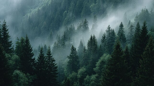 A dense forest filled with tall evergreen trees is shrouded in a soft mist during the early morning. The atmosphere is tranquil and serene showcasing natures beauty. - Powered by Adobe