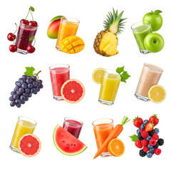 Collage of various fruit juices and whole fruits, isolated on transparent background