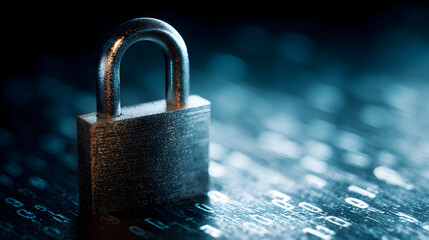 Cybersecurity concept with metallic padlock on digital background