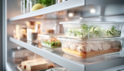 Organized fridge shelf filled with neatly stacked containers of fresh salads and desserts, showcasing a clean and efficient food storage concept