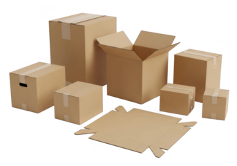 Collection of cardboard boxes and flat packaging materials isolated on transparent background