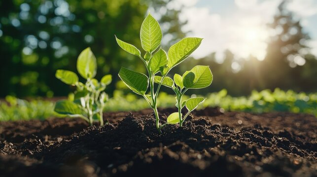 Closeup of soybean plants growing in a farm vibrant green leaves rich soil soft sunlight agricultural growth stages