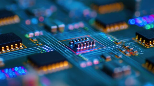 A microchip sits on a circuit board surrounded by intricate patterns of blue green and gold circuitry. Tiny components glow creating a vibrant tech scene.