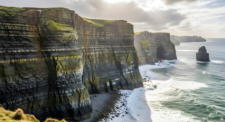 Cliffs of moher tower above crashing waves under cloudy sky offering stunning view of rugged irish coastline with layers of rock formations and atlantic ocean landscape
