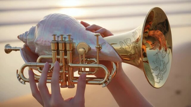 Golden seashell trumpet in hands at beach sunset, creative musical instrument made from a conch shell