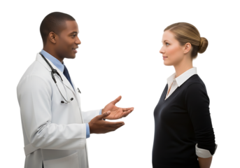 a professional doctor and businesswoman in formal attire are engaged in a serious conversation looking at each other on transparent background high quality