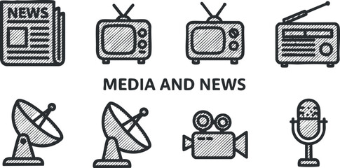 Hand-drawn vector icon set depicting media and news elements including newspapers, televisions, radios, and microphones for communication and branding projects