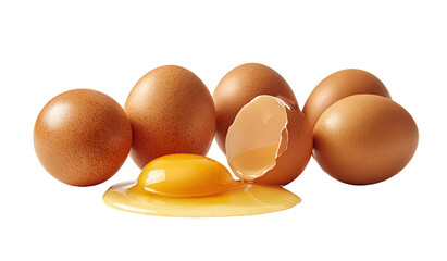 Group of brown eggs, one cracked open, yolk visible