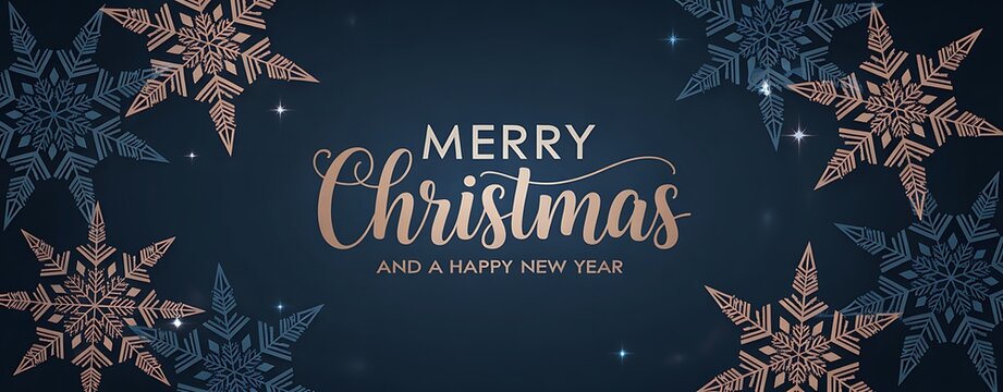 Merry christmas and happy new year greeting card with snowflakes on dark blue background