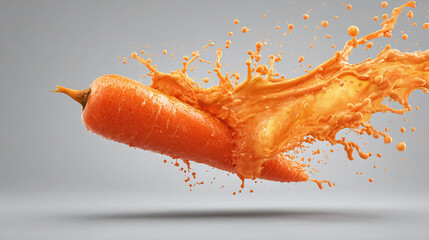 A single carrot bursting in a splash of juice