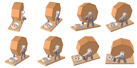 催事・イベントのイラスト素材　ガラポン抽選器（1）　黄　抽選玉付　カット八点セット