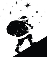Santa Claus Silhouette Carrying Gift Sack Vector, Christmas Delivery and Starry Night Scene