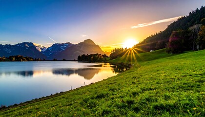 Sunset over serene lake, mountains, and meadow with lush green grass and vivid blue sky