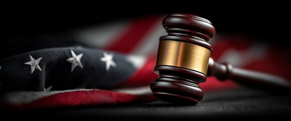 Symbol of Justice With Gavel on American Flag in Courtroom Setting