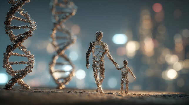 Surreal artistic composition of wireframe human figures walking amidst dna helices