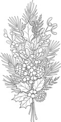 Detailed Christmas and Winter Foliage Line Art Vector, Holiday Berries, Pine Boughs, and Decor Sketch