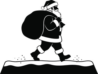Santa Claus Carrying Gift Sack Vector Silhouette, Christmas Holiday Delivery and Snowy Scene