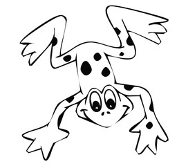 Cartoon frog with black spots hanging upside down with a happy expression and outlined in black ink