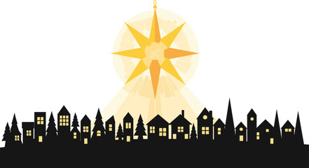 Guiding Star Shining Over Christmas Village Silhouette Vector, Holiday Hope and Winter Town Scene