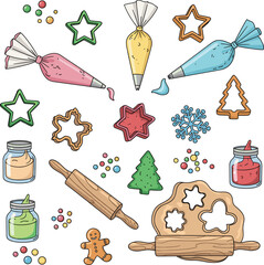 Vector Set of Christmas Cookie Baking and Decorating Elements, Holiday Treats, Dough, and Icing Bags