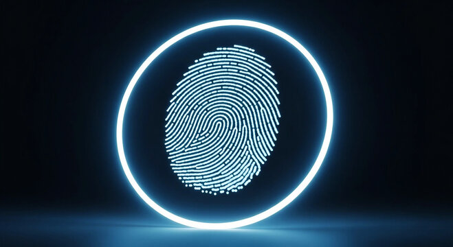 Glowing blue fingerprint icon within a neon circle biometric scan