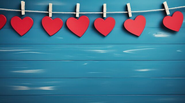 Red hearts hanging from above. Valentine background with copy space. - Powered by Adobe