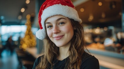 A cheerful young woman wears a red and white Christmas hat while smiling in a cozy cafe. The background features holiday decorations and soft lighting creating a warm atmosphere.