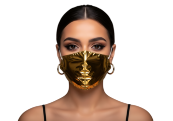 a striking portrait of a woman wearing a luxurious gold face shaped mask with delicate hoop earrings on transparent background high quality professional