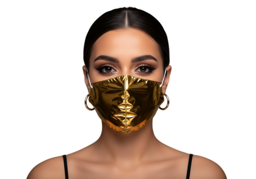 a striking portrait of a woman wearing a luxurious gold face shaped mask with delicate hoop earrings on transparent background high quality professional