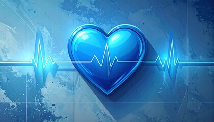 Stylized blue heart with a white heartbeat line against a blue, watercolor-style background with a subtle grid