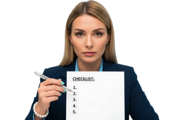 a professional woman with blonde hair holds a checklist and pen looking directly at the viewer with a serious expression on transparent background