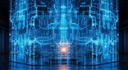 Futuristic glowing blue digital cube with intricate circuitry and orange core technology