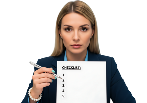 a professional woman with blonde hair holds a checklist and pen looking directly at the viewer with a serious expression on transparent background