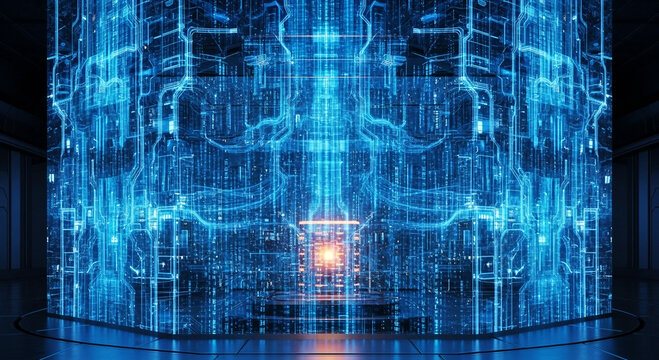 Futuristic glowing blue digital cube with intricate circuitry and orange core technology