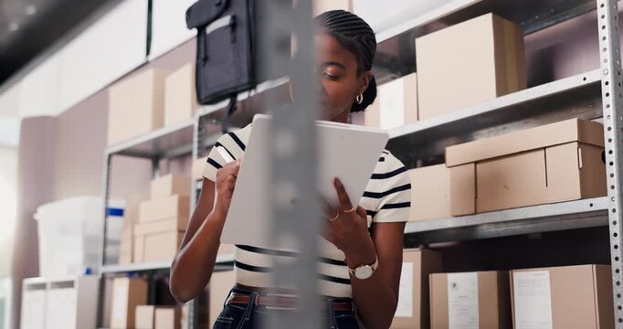 Logistics, clipboard and woman counting stock for cargo inspection, quality control and shipping. Supply chain, black person or writing on inventory checklist for storage management or backlog update