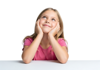 a beautiful young girl with long blonde hair wearing a pink shirt looks upward with a thoughtful expression on transparent background high quality