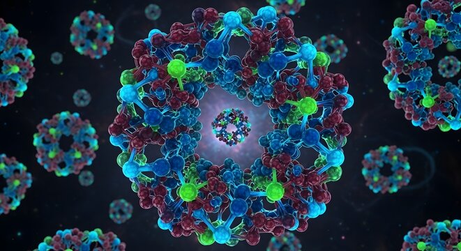 Abstract 3d rendering of colorful spherical biological structures with intricate internal details - Powered by Adobe