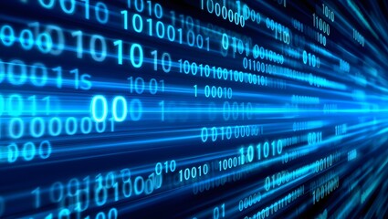 Abstract blue digital data stream with binary code flowing into the future