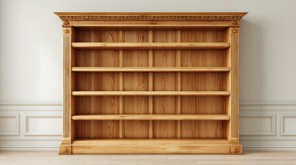 An Empty wooden bookcase sits against a neutral backdrop. The intricate carvings and craftsmanship of the bookshelf. The shelves are ready to be filled with books, decor, or personal items