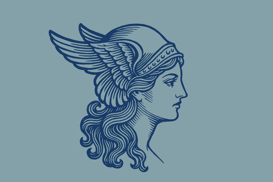 Winged warrior goddess profile engraving style vector illustration