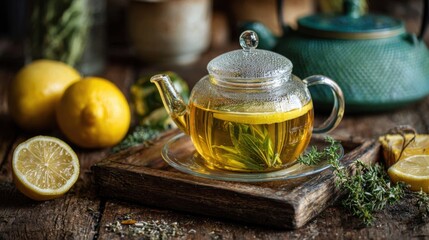 A glass teapot filled with herbal tea and lemon slices sits on a wooden board. Fresh lemons and herbs are nearby creating a warm inviting atmosphere in the kitchen.