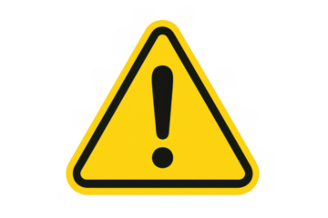 Yellow warning sign icon creating a hazard, danger, and attention alert with an exclamation mark, transparent background