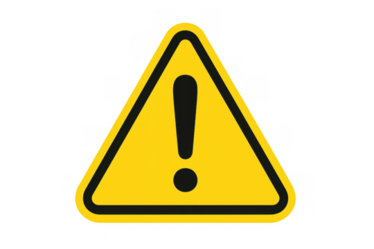 Yellow warning sign icon creating a hazard, danger, and attention alert with an exclamation mark, transparent background
