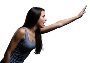 a dramatic image of a young woman with a shocked expression raising her hand in a gesture of stopping or defense on transparent