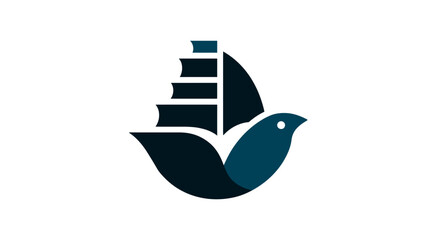 Stylized bird, ship, and book stack symbol representing learning, freedom, and exploration in a modern graphic design