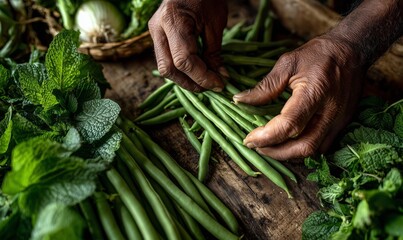 Hands Preparing Fresh Green Beans and Leafy Vegetables in a Rustic Kitchen Setting