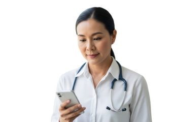 a focused asian female doctor wearing a white coat and stethoscope is intently using a smartphone looking down with a thoughtful expression on